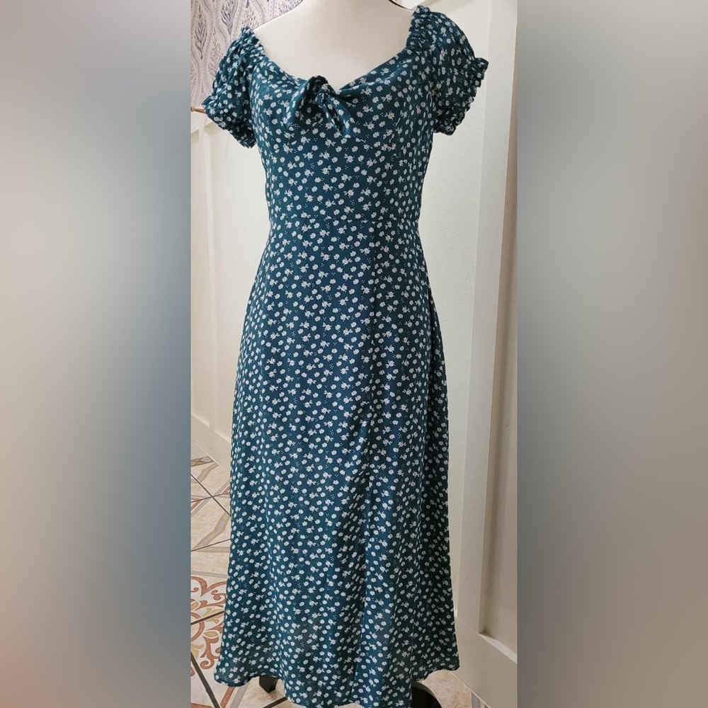 Francesca's Collections Teal Floral Puff Sleeve Mini Dress with Tie Neck - Picture 3 of 4
